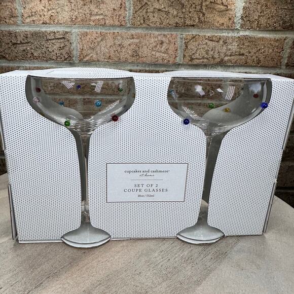Cupcakes and Cashmere Rainbow Dot Coupe Glass Set 2 Vintage Style Set New - Picture 1 of 11